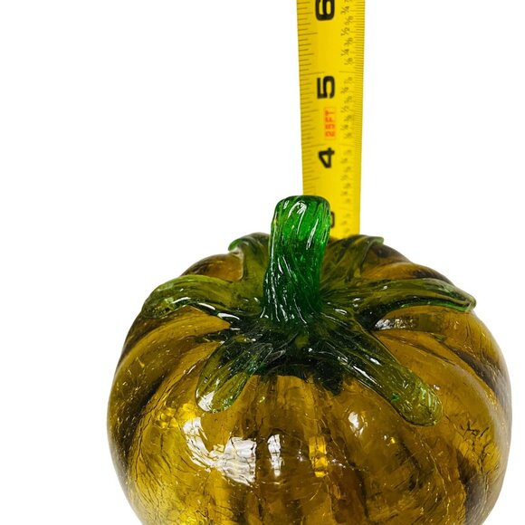Hand-Blown Glass Pumpkin Decor Green & Amber 5" Tall - Picture 5 of 5